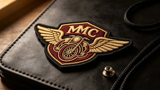 Single motorcycle club crest 3D raised embroidery patch for biker vests, foam embroidery texture laid on genuine dark brown leather hide.