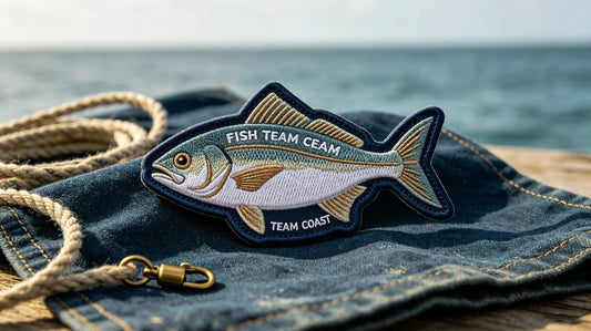 Single custom saltwater fish silhouette 3D raised embroidery patch for fishing crews, foam embroidery texture laid on weathered navy marine canvas fabric.