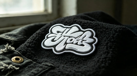 Single freeform custom 3D raised embroidery patch for independent streetwear brand, showing sculpted foam embroidery texture on vintage black fleece fabric.