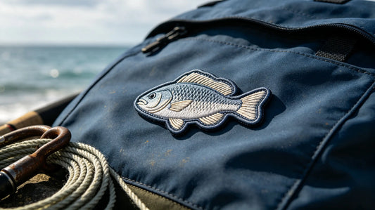 Single custom fish-shaped 3D raised embroidery patch for fishing crews, showcasing foam embroidery texture laid on weathered fishing gear fabric.