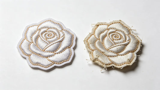 Side-by-side good quality and defective 3D embroidered patch comparison