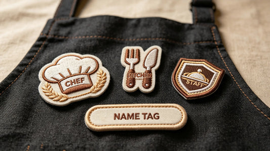 Collection of restaurant and bistro 3D stereo embroidered badges, featuring chef emblem, cutlery, shield logo and restaurant monogram designs with genuine foam raised embroidery texture.