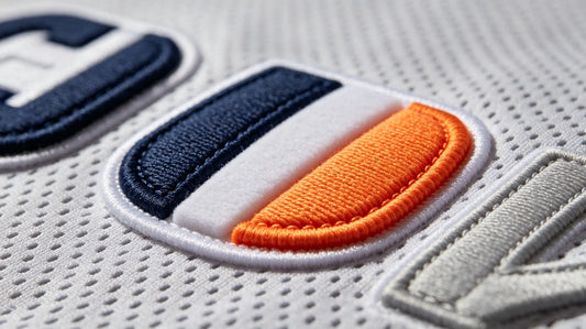 Collection of custom 3D Embroidered Patches laid on athletic jersey fabric, distinct foam raised embroidery texture