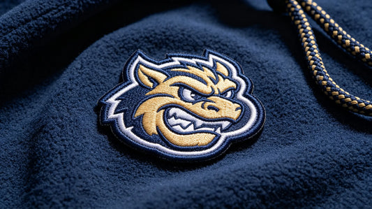 Single sports mascot 3D raised embroidery patch for athletic teams, foam embroidery texture laid on navy fleece sports fabric.