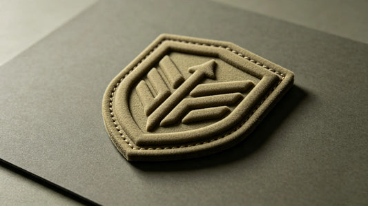Single tactical military 3D raised foam embroidered patch, sculpted shield crest graphic, matte dark tactical background.