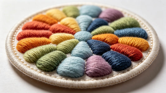 Macro close‑up photograph of raised 3D puff embroidery on custom patch