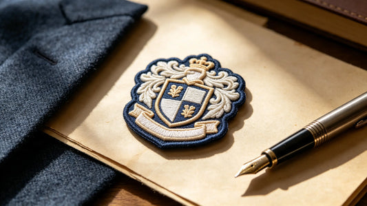 Overhead flat lay of academic 3D puff embroidered school crest patch arranged with vintage notebook, fountain pen and woven blazer fabric swatch.