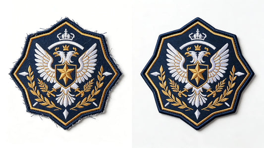 Side-by-side comparison of AI generated patch design and human refined patch artwork