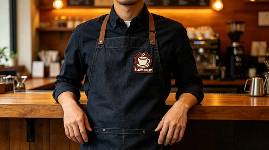 3D puff coffee shop logo patch sewn on left chest of dark canvas barista apron, café studio background.