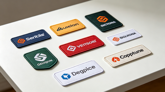 Diverse corporate branded embroidered & woven logo patches in multiple brand color schemes