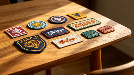 Assorted custom logo patches in different materials flat lay