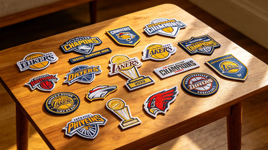 Assorted custom sports team and championship embroidered patches flat lay