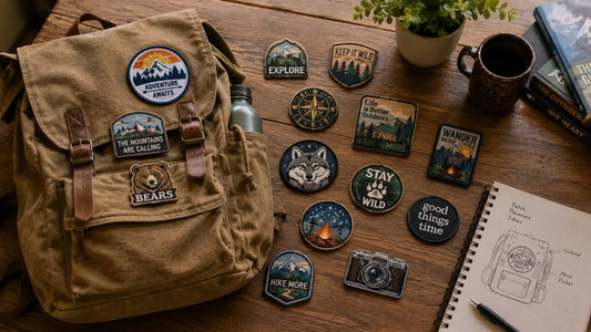 Canvas backpack and assorted custom embroidered patches for layout planning
