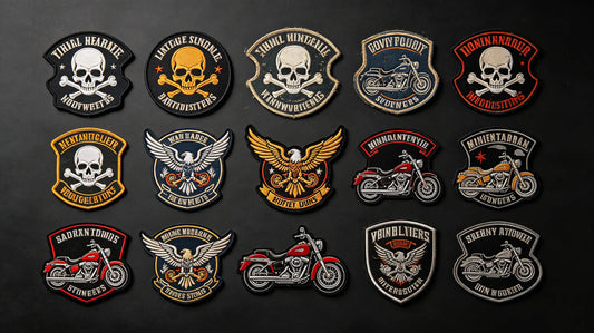 Collection of classic motorcycle and biker themed patches in various styles