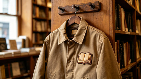 Bookstore staff canvas jacket with custom literary 3D foam embroidered patch on chest