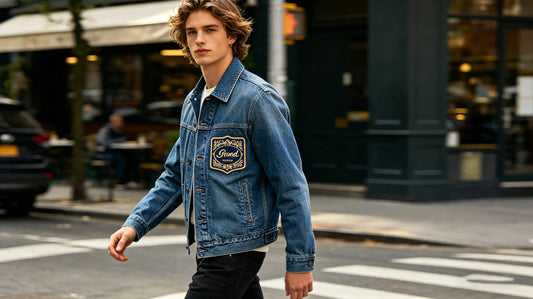 Customer wearing denim jacket with custom embroidered brand patch