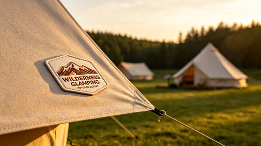 3D embroidered glamping resort badge fixed on the corner of luxury outdoor canopy in wilderness campsite.