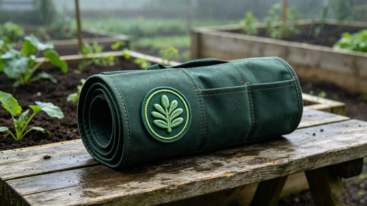 Heavy‑duty fabric garden tool roll for community garden volunteers, custom 3D foam embroidered patch sewn on outer edge native brand position