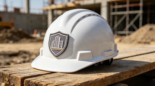 Thick 3D embroidered construction badge attached to safety hard hat side, showing raised embossed edge.