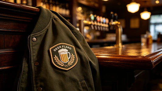Custom brewery 3D foam embroidered patch sewn onto bartender work jacket inside taproom