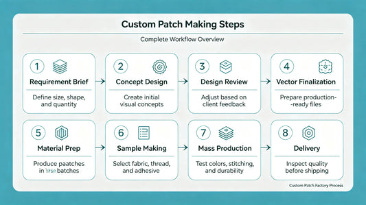 Visual workflow timeline from artwork submission to finished delivered custom patches