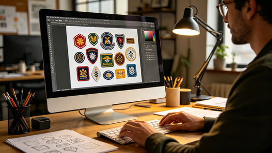 Designer showing custom patches digital mockup on computer for buyer consultation