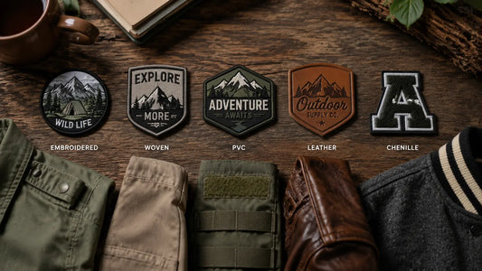 Comparison of 5 custom patches materials with corresponding garments on home table