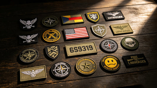 Wide selection of different custom‑designed morale patches laid out for comparison