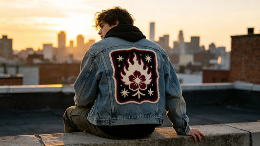 Classic styled jean jacket featuring large custom embroidered hero patch on center back panel
