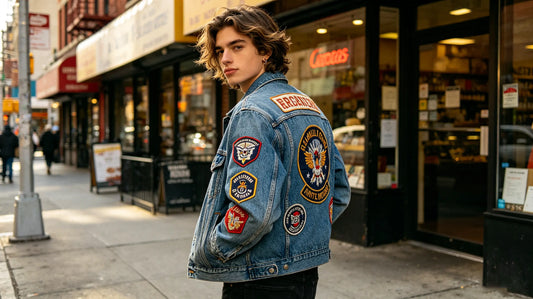 Young person wearing denim jacket with custom embroidered patches on city street