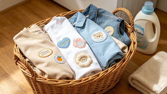 Garments with varied craft patches folded inside-out ready for laundry