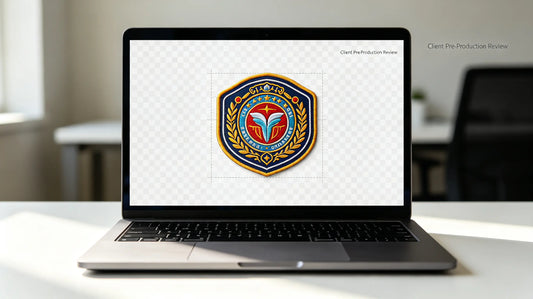 Designer sending digital custom patch mockup draft for customer online confirmation