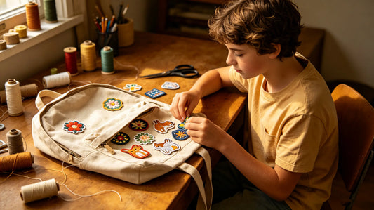 Picking custom embroidered patches to decorate backpack at home