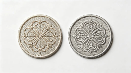 Side by side embroidered patch and woven patch visual comparison