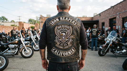 Black leather motorcycle vest displaying large custom embroidered club back patch with top and bottom rocker banners