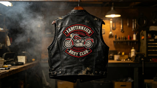 Large custom embroidered motorcycle club back emblem stitched on rear panel of black leather biker vest