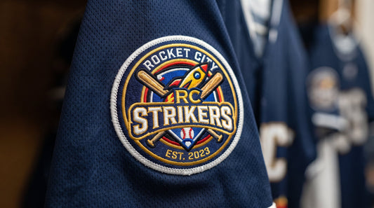 Bright custom embroidered sports team patch stitched on the left chest of an athletic jersey
