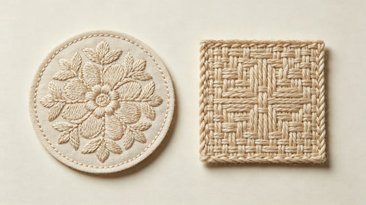Direct side-by-side comparison of embroidered patch and woven patch