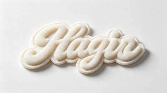 Single trendy streetwear 3D raised foam embroidered patch, fresh bright studio background, full stereo embroidery texture display.
