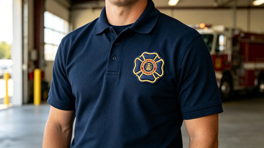 Maltese cross fire department 3D puff embroidery patch sewn on left chest of navy fire station polo, bright fire station background.