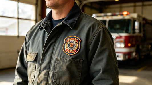 3D embroidered fire auxiliary patch sewn firmly on the chest of volunteer’s work coat inside small‑town fire station