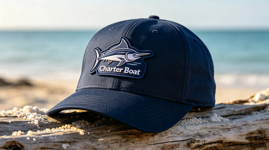 Thick 3D embroidered charter boat badge fixed on front of navy fishing bucket hat, prominent raised embossed profile.