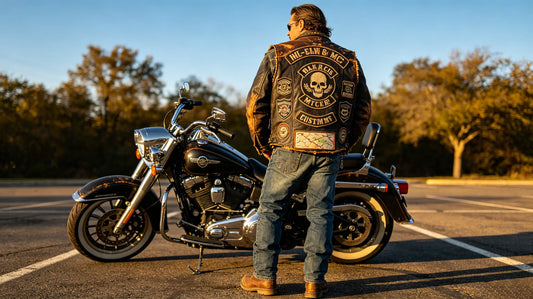 Leather biker vest fully equipped with top rocker, center logo and bottom rocker patch set