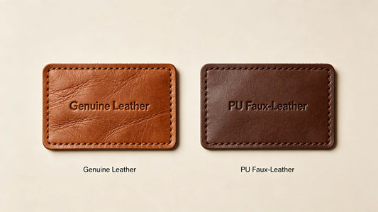 Surface texture comparison between natural genuine leather patch and synthetic PU faux‑leather patch