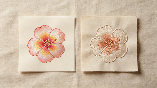 Same graphic made with heat transfer print and embroidery patch for direct visual contrast