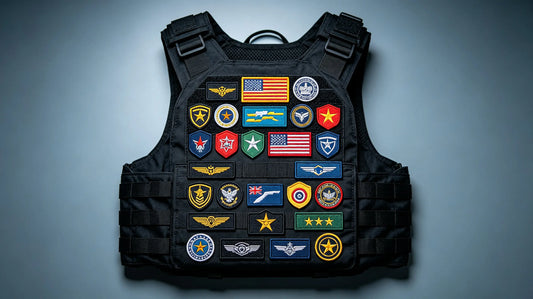 Collection of interchangeable hook‑and‑loop morale patches displayed on tactical vest loop panel