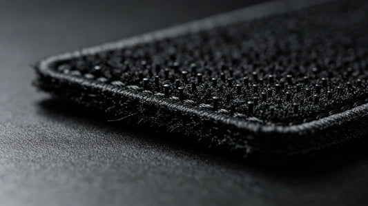 Macro close‑up photograph showing rough hook‑side material on rear of custom tactical patch