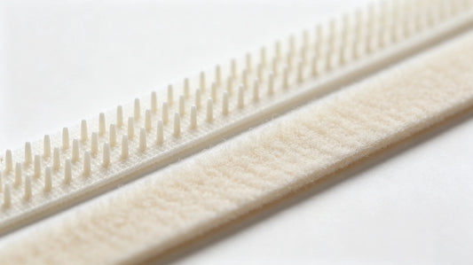 Macro closeup of rough hook side and soft loop side of velcro backing