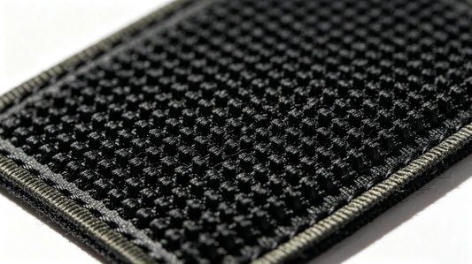Macro close‑up photograph of hook‑and‑loop hook side on the back of custom morale patch