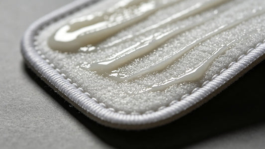 Close view of hot melt adhesive layer on the back of iron-on patches